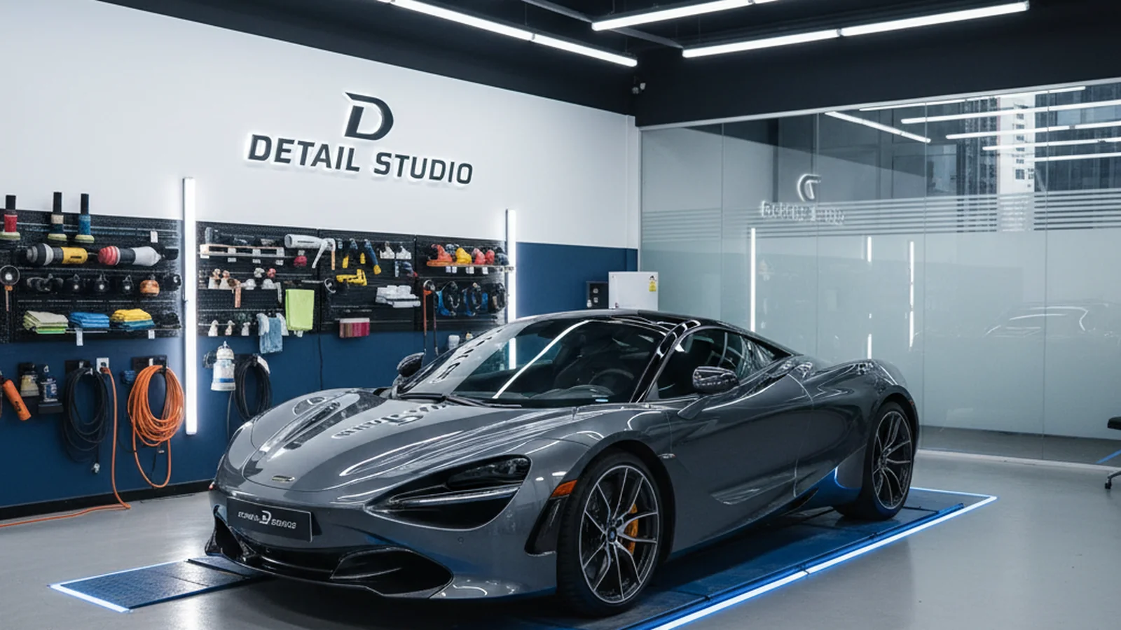 Clean detail shop bay with a luxury car on a lift and pro polishing tools on the wall