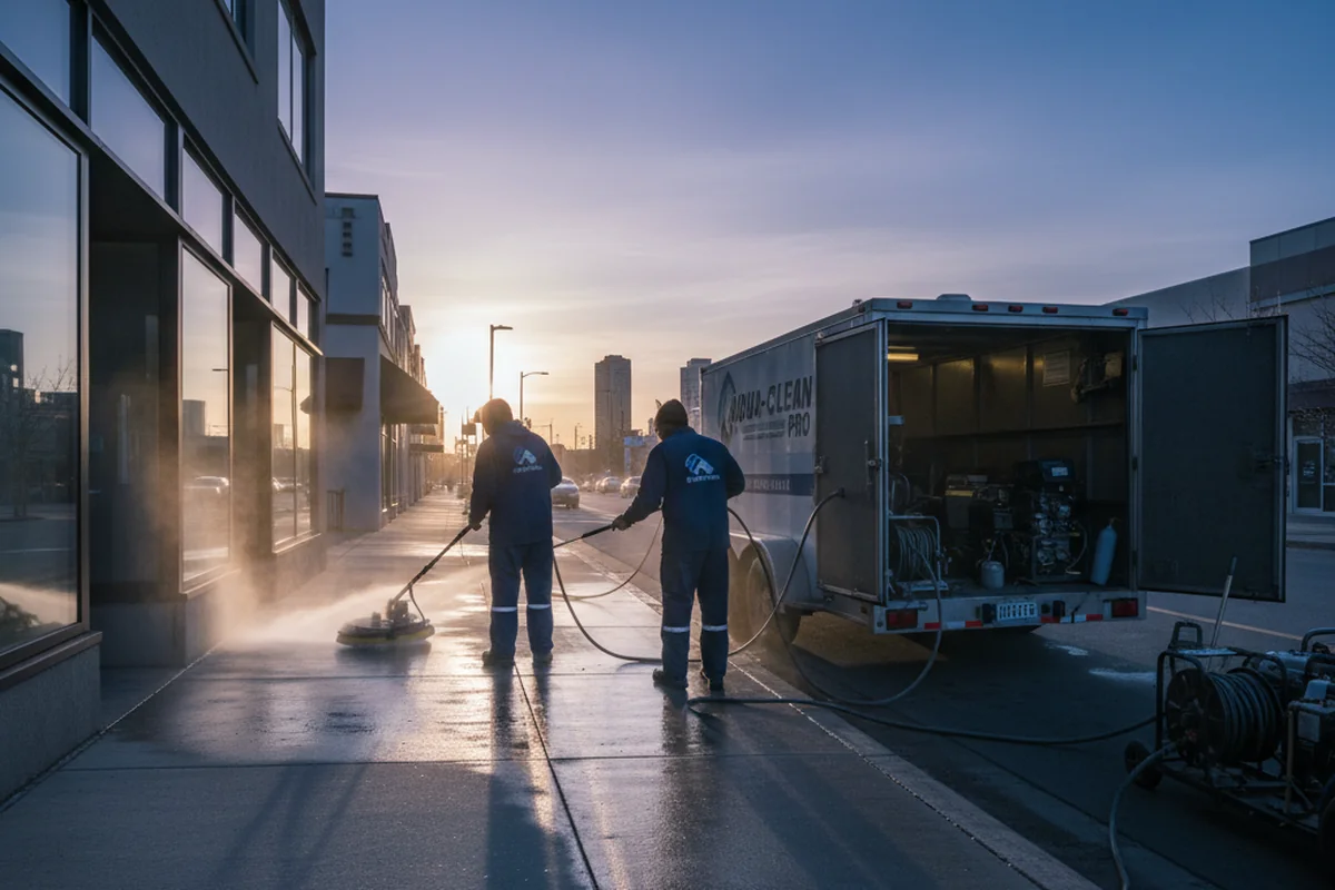 Commercial pressure washing crew cleaning a storefront walkway at dawn