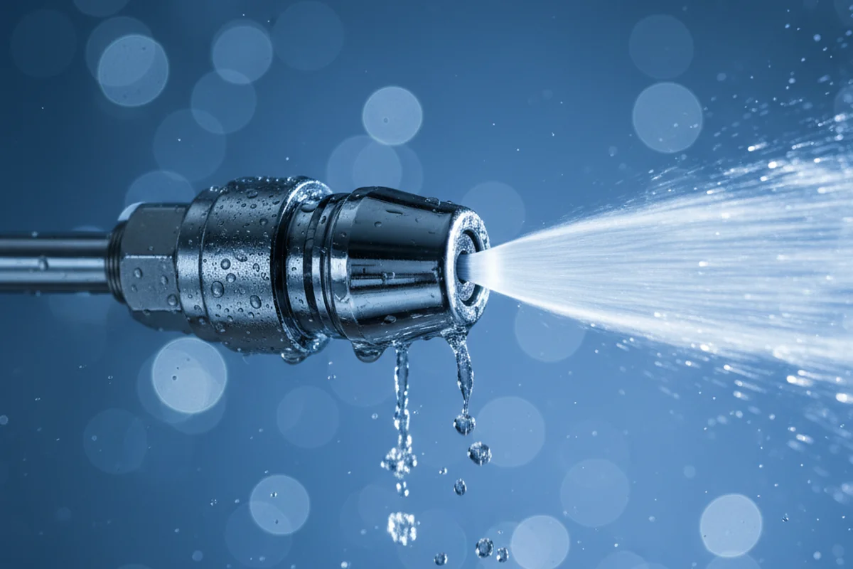 Chrome professional pressure washer nozzle with water droplet bokeh