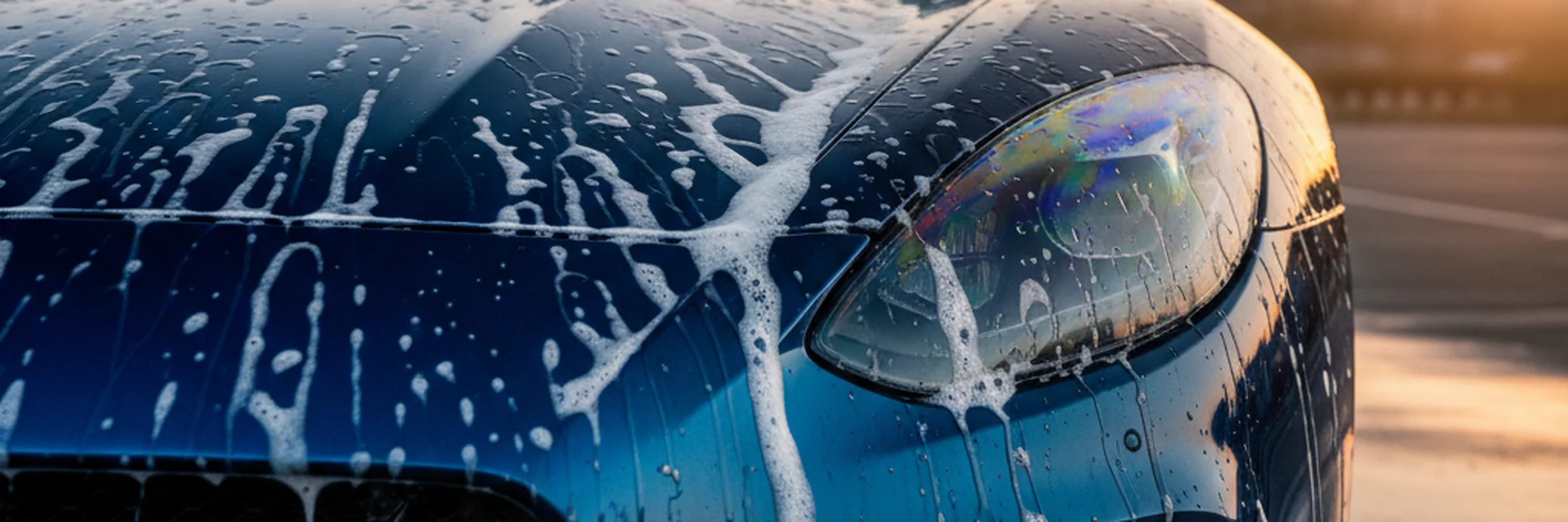Soap suds cascading down a freshly waxed car under dramatic sunlight