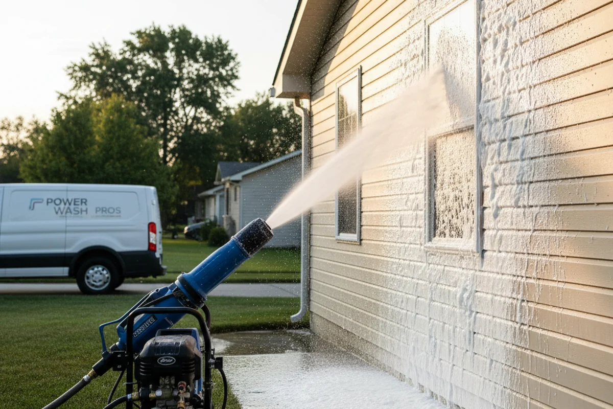 Foam cannon applying thick pre-soak to vinyl siding during a softwash job