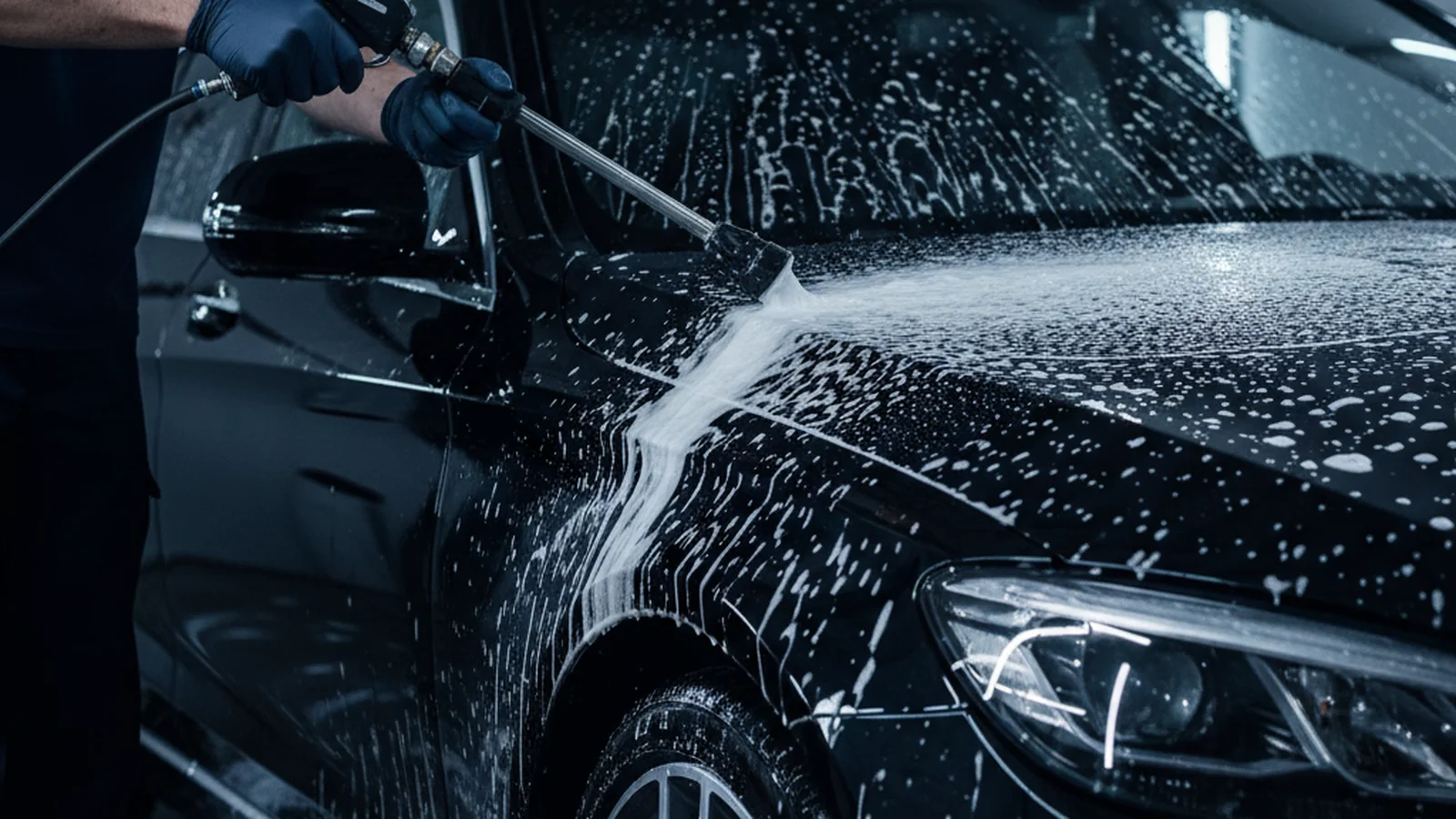 Professional mobile detailer applying foam cannon to a dark luxury vehicle