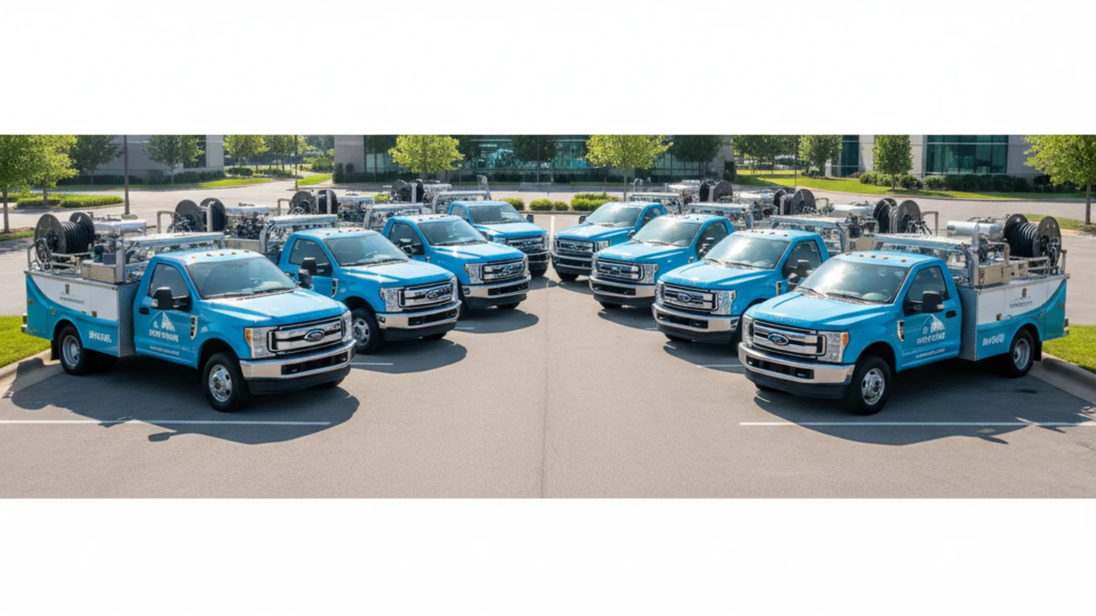Fleet of pressure washing work trucks with skid-mounted hot-water units