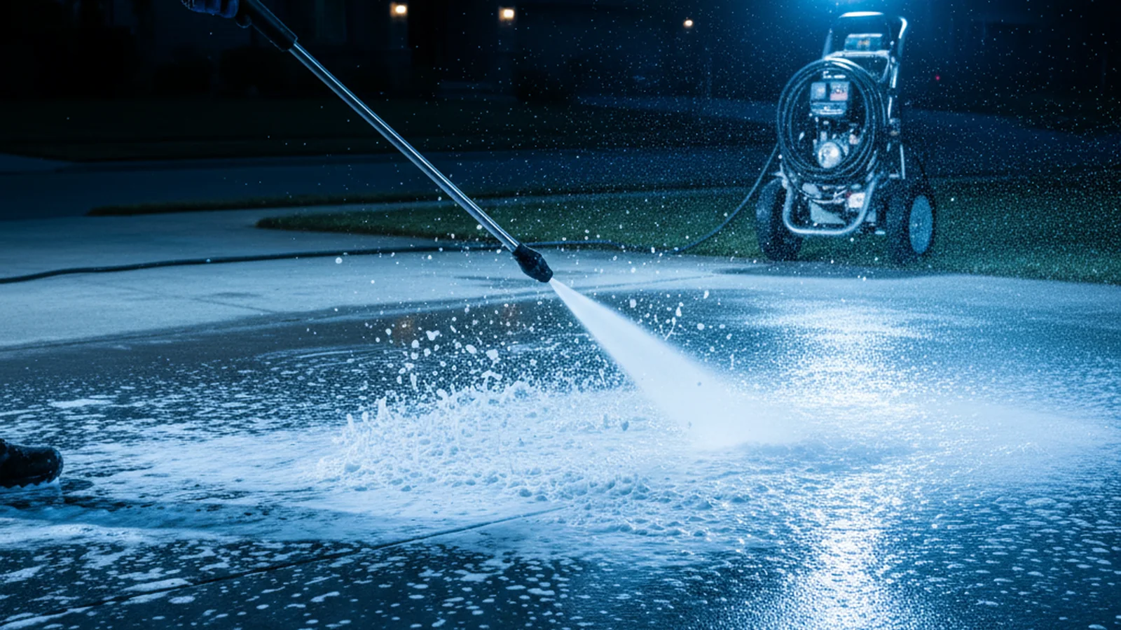 Commercial pressure washer cleaning a concrete driveway with foam soap