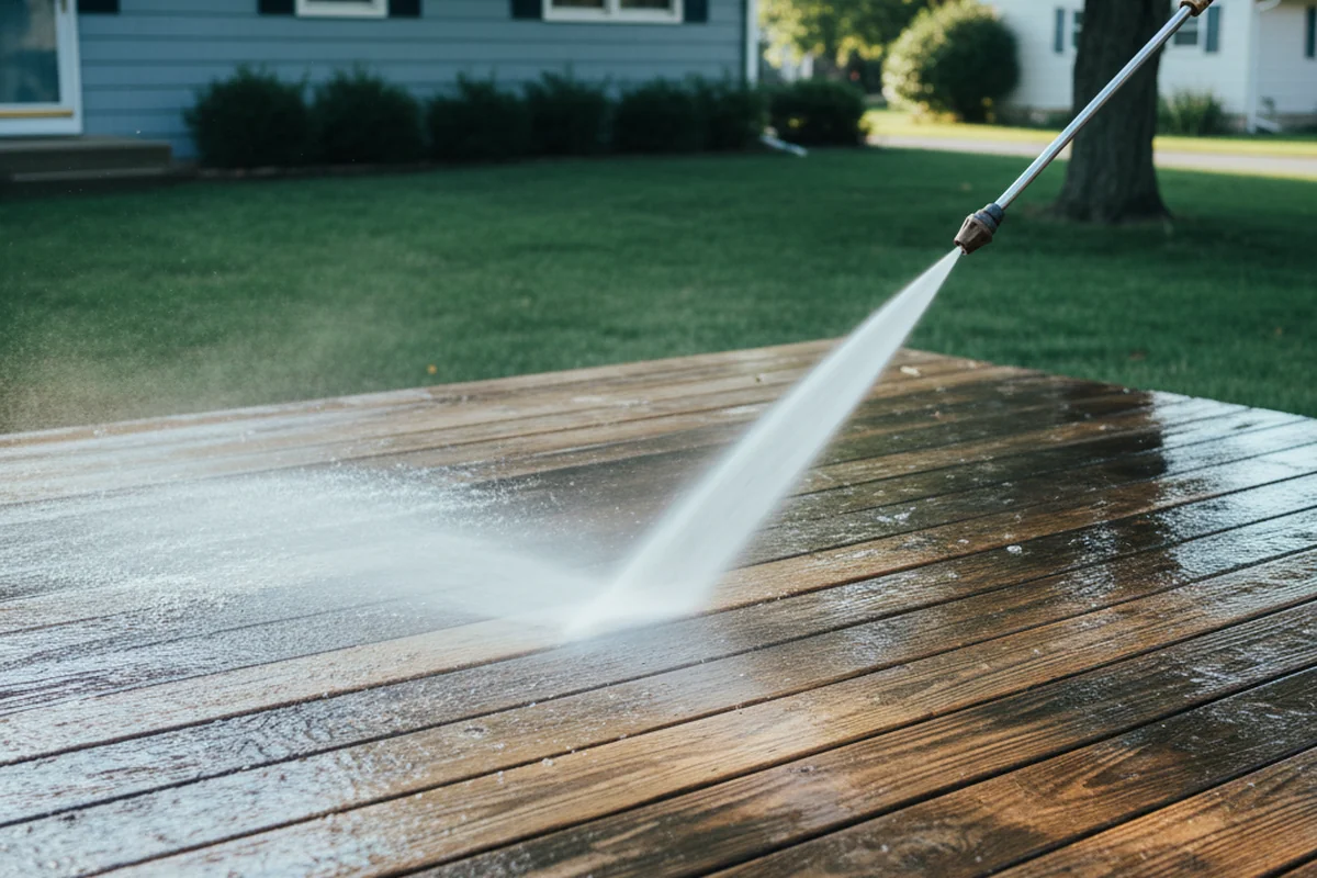 Pressure washer cleaning a wood deck at a residential home